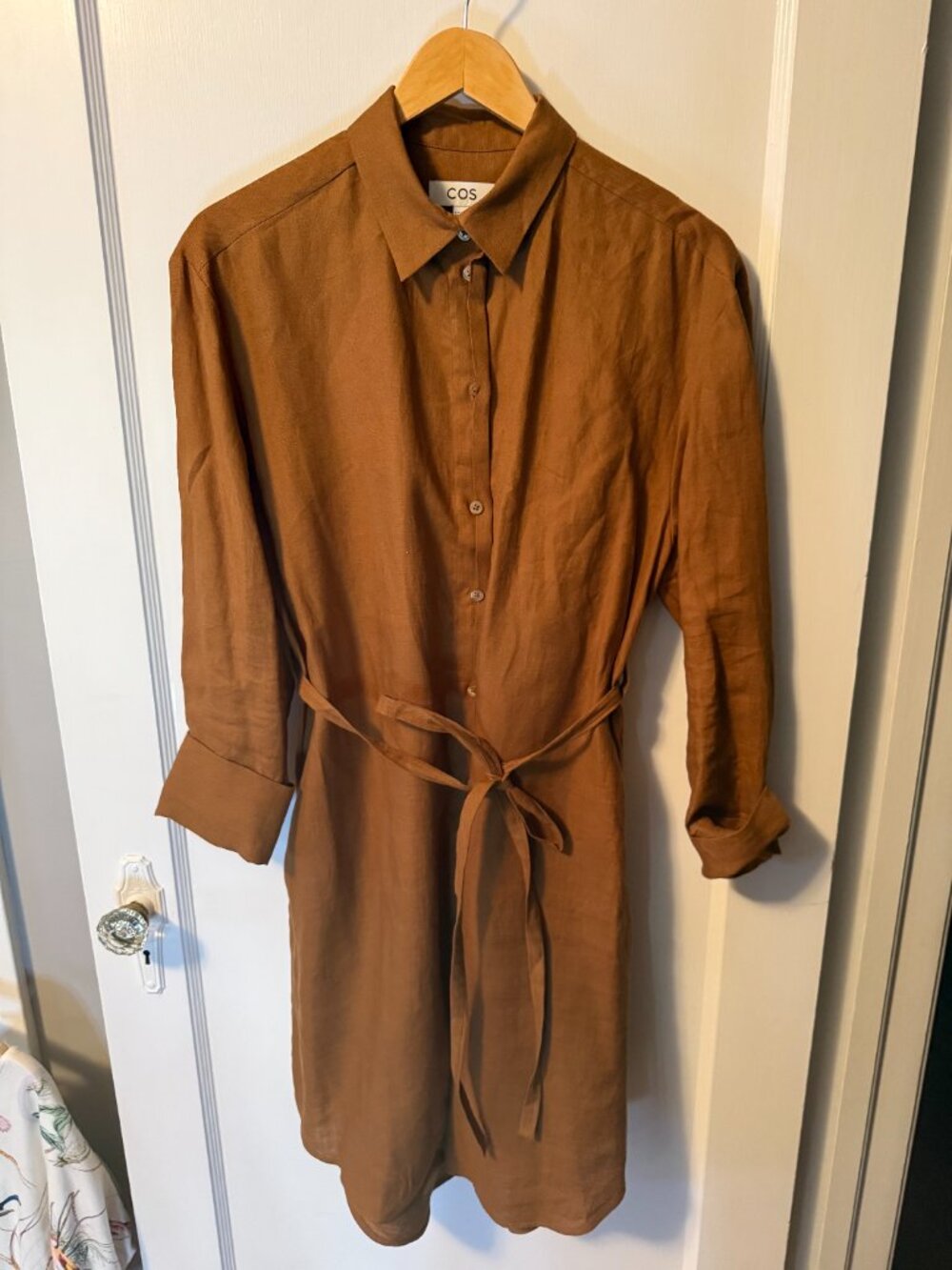 COS rusty brown tie waist shirt dress